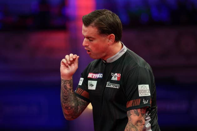 RECORD DATE NOT STATED 18th July 2026, Winter Gardens, Blackpool, Lancashire, England; 2026 Betfred World Matchplay Darts, Day One; Luke Woodhouse reacts to a missed dart during his match against Josh Rock AidanxHunter
