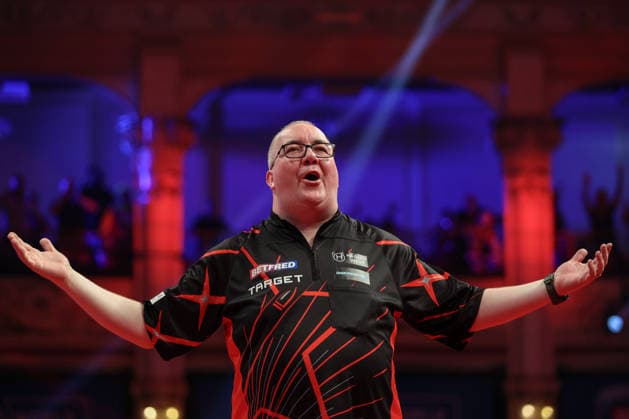 RECORD DATE NOT STATED 18th July 2026, Winter Gardens, Blackpool, Lancashire, England; 2026 Betfred World Matchplay Darts, Day One; Stephen Bunting during his walk on AidanxHunter