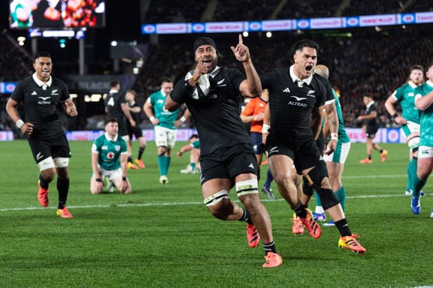 All Blacks lock Patrick Tuipulotu celebrates after he scores the opening try - Nations Championship - New Zealand All Blacks v Ireland at Eden Park, Auckland, New Zealand - on Saturday 18 July 2026. Photo credit: Brett Phibbs z Auckland New Zealand Copyright: xBrettxPhibbsx xx