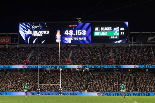 Crowd attendance on the big screen - Nations Championship - New Zealand All Blacks v Ireland at Eden Park, Auckland, New Zealand - on Saturday 18 July 2026. Photo credit: Brett Phibbs z Auckland New Zealand Copyright: xBrettxPhibbsx xx