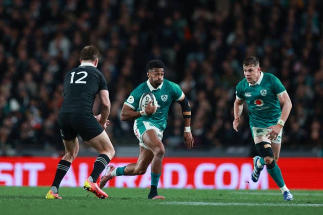 Robert Baloucoune of Ireland during the Nations Championship match between the New Zealand All Blacks and Ireland, New Zealand All Blacks v Ireland, 2026 Nations Championship rugby union match at Eden Park Stadium, Auckland, New Zealand on Saturday 18 July 2026. Photo: Craig Butland Auckland New Zealand Copyright: xx