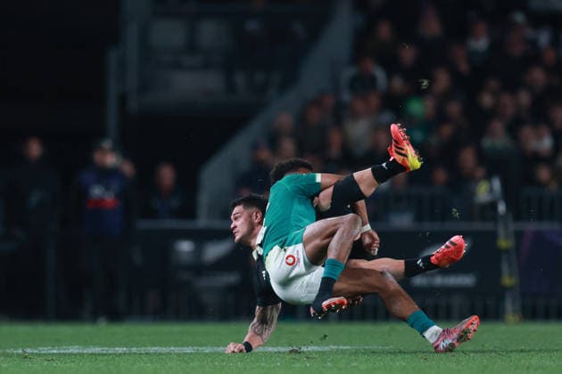 Quinn Tupaea of New Zealand tackled by Robert Baloucoune of Ireland during the Nations Championship match between the New Zealand All Blacks and Ireland, New Zealand All Blacks v Ireland, 2026 Nations Championship rugby union match at Eden Park Stadium, Auckland, New Zealand on Saturday 18 July 2026. Photo: Craig Butland Auckland New Zealand Copyright: xx