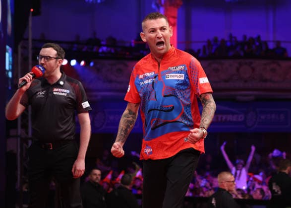 World Matchplay Darts 2026 Nathan Aspinall during the 2026 World Matchplay darts at Winter Gardens, Blackpool, UK on 18 July 2026. Blackpool Winter Gardens UK Editorial use only , Copyright: xChrisxSargeantx PSI-24525-0105
