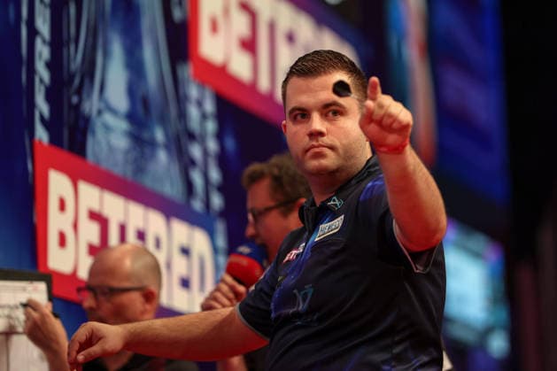RECORD DATE NOT STATED 18th July 2026, Winter Gardens, Blackpool, Lancashire, England; 2026 Betfred World Matchplay Darts, Day One; Niels Zonneveld reacts during his game against Stephen Bunting AidanxHunter