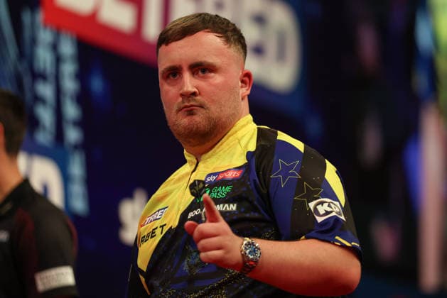 Sport Bilder des Tages RECORD DATE NOT STATED 18th July 2026, Winter Gardens, Blackpool, Lancashire, England; 2026 Betfred World Matchplay Darts, Day One; Luke Littler reacts during his game against Niko Springer AidanxHunter