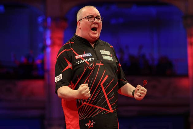 RECORD DATE NOT STATED 18th July 2026, Winter Gardens, Blackpool, Lancashire, England; 2026 Betfred World Matchplay Darts, Day One; Stephen Bunting reacts after winning his game against Niels Zonneveld AidanxHunter