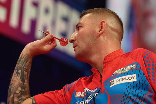 RECORD DATE NOT STATED 18th July 2026, Winter Gardens, Blackpool, Lancashire, England; 2026 Betfred World Matchplay Darts, Day One; Nathan Aspinall in action at the oche in his game against Joe Cullen AidanxHunter