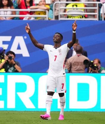 France v England - 2026 FIFA World Cup, WM, Weltmeisterschaft, Fussball - Bronze Final MIAMI GARDENS, FLORIDA - JULY 18: Bukayo Saka of England celebrates after scoring his team s fifth goal during the 2026 FIFA World Cup bronze-final match between France and England at Miami Stadium in Miami Gardens, Florida, United States, on July 18, 2026. Jose Hernandez Anadolu Florida United States. Editorial use only. Please get in touch for any other usage.  Copyright: x2026xAnadoluxJosexHernandezx