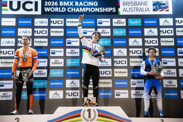2026 UCI BMX Racing World Championships Picture by Alex Whitehead SWpix.com - 19 07 2026 - Cycling - 2026 UCI BMX Racing World Championships - Brisbane SX International BMX Centre, Brisbane, Australia - Men U23 Podium - Joshua Jolly of Australia wins Gold ahead of Netherlands Jesse de Veer and France s Clement Rochierieux Brisbane Brisbane SX International BMX Centre Australia Copyright: x xSWpix.comx(t axPhotographyxHubxLtd)xAlexxWhitehead SWpix.comx SWP-3030-15040