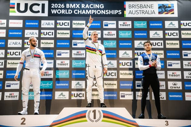 2026 UCI BMX Racing World Championships Picture by Alex Whitehead SWpix.com - 19 07 2026 - Cycling - 2026 UCI BMX Racing World Championships - Brisbane SX International BMX Centre, Brisbane, Australia - Men Elite Podium - Jesse Asmus of Australia wins Gold ahead of Great Britain s Ross Cullen and France s Mathis Ragot Richard Brisbane Brisbane SX International BMX Centre Australia Copyright: x xSWpix.comx(t axPhotographyxHubxLtd)xAlexxWhitehead SWpix.comx SWP-3030-15038