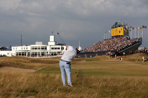 RECORD DATE NOT STATED 18th July 2026; Royal Birkdale Golf Club, Southport, Merseyside, England; The Open Championship Round Three; Jon Rahm (ESP) plays his second shot to the 18th green DavidxBlunsden