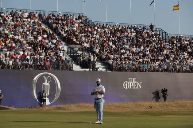 RECORD DATE NOT STATED 18th July 2026; Royal Birkdale Golf Club, Southport, Merseyside, England; The Open Championship Round Three; fans in the grandstand watch as Jon Rahm (ESP) completes his round DavidxBlunsden