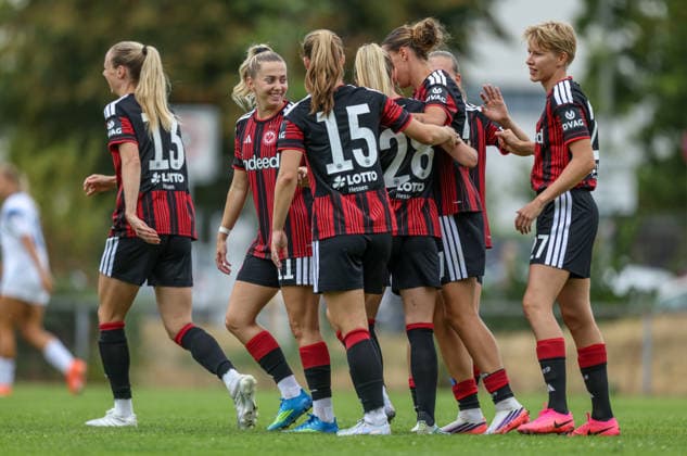 GER, Frankfurt, Eintracht Frankfurt vs SC Sand, Vorbereitung, Fussball, DFB, Spielzeit 2026 2027, Sportanlage Goldstein, Testspiel im Bild: Rebecka Blomqvist (Eintracht Frankfurt Frauen 28) erzielt das 1:0, Tor, Jubel und Freude, Emotionen, Paulina Krumbiegel (Eintracht Frankfurt Frauen 22), Nina Lührsen (Eintracht Frankfurt Frauen 11) DFB DFL REGULATIONS PROHIBIT ANY USE OF PHOTOGRAPHS AS IMAGE SEQUENCES AND OR QUASI-VIDEO, 19.07.2026 *** GER, Frankfurt, Eintracht Frankfurt vs. SC Sand, Preseason, Soccer, DFB, 2026–2027 Season, Goldstein Sports Complex, Friendly Match in Pictures: Rebecka Blomqvist (Eintracht Frankfurt Women, No. 28) scores the 1–0 goal; celebration and joy; emotions; Paulina Krumbiegel (Eintracht Frankfurt Women, No. 22), Nina Lührsen, Eintracht Frankfurt Women’s U-11. DFB and DFL regulations prohibit any use of photographs as image sequences and or quasi-video. July 19, 2026 Copyright: HMBxMedia HendrikxHamelau