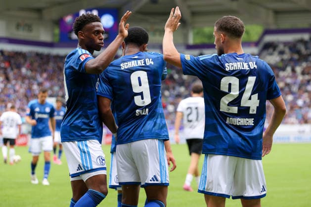 19.07.2026, xtgx, Fussball - Testspiel Erzgebirge Aue - FC Schalke 04 v.l. Moussa Sylla (Schalke, 9) Jubel, Torjubel, jubelt ueber das Tor, celebrate the goal, celebration (DFL DFB REGULATIONS PROHIBIT ANY USE OF PHOTOGRAPHS as IMAGE SEQUENCES and or QUASI-VIDEO) Aue *** July 19, 2026, xtgx, Soccer Friendly: Erzgebirge Aue vs. FC Schalke 04, featuring Moussa Sylla of Schalke, 9 celebrations, Goal celebration, celebrating the goal, DFL and DFB regulations prohibit any use of photographs as image sequences and or quasi-video. Aue