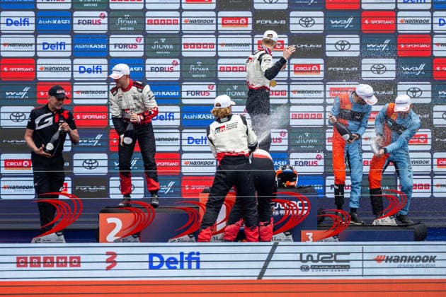 AUTO - WRC, Motorsport Rallye, WM - RALLY ESTONIA 2026 PAJARI Sami, SALMINEN Marko, TOYOTA GR Yaris Rally1, portrait, FOURMAUX Adrien, CORIA Alexandre, HYUNDAI i20 N Rally1, portrait, SOLBERG Oliver, EDMONDSON Elliott, TOYOTA GR Yaris Rally1, portrait, podium, portrait during the 2026 Rally Estonia, 8th round of the 2026 WRC WORLD RALLY CAR CHAMPIONSHIP, from July 16 to 29, 2026 at Tartu, Estonia - TartuEstonia  Copyright: xNikosxKatikisx