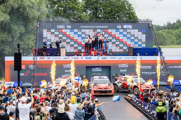 AUTO - WRC, Motorsport Rallye, WM - RALLY ESTONIA 2026 PAJARI Sami, SALMINEN Marko, TOYOTA GR Yaris Rally1, portrait, FOURMAUX Adrien, CORIA Alexandre, HYUNDAI i20 N Rally1, portrait, SOLBERG Oliver, EDMONDSON Elliott, TOYOTA GR Yaris Rally1, portrait, podium, portrait during the 2026 Rally Estonia, 8th round of the 2026 WRC WORLD RALLY CAR CHAMPIONSHIP, from July 16 to 29, 2026 at Tartu, Estonia - TartuEstonia  Copyright: xNikosxKatikisx