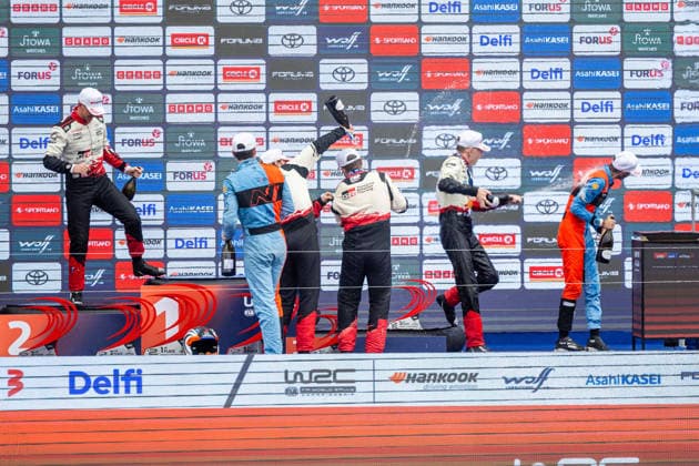 AUTO - WRC, Motorsport Rallye, WM - RALLY ESTONIA 2026 PAJARI Sami, SALMINEN Marko, TOYOTA GR Yaris Rally1, portrait, FOURMAUX Adrien, CORIA Alexandre, HYUNDAI i20 N Rally1, portrait, SOLBERG Oliver, EDMONDSON Elliott, TOYOTA GR Yaris Rally1, portrait, podium, portrait during the 2026 Rally Estonia, 8th round of the 2026 WRC WORLD RALLY CAR CHAMPIONSHIP, from July 16 to 29, 2026 at Tartu, Estonia - TartuEstonia  Copyright: xNikosxKatikisx