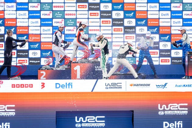 AUTO - WRC, Motorsport Rallye, WM - RALLY ESTONIA 2026 VIRVES Robert, VIILO Jakko, SKODA Fabia RS, portrait, SUNINEN Teemu, HUSSI Janni, TOYOTA GR Yaris, portrait, KORHONEN Roope, VIINIKKA Anssi, TOYOTA GR Yaris, portrait, podium, portrait during the 2026 Rally Estonia, 8th round of the 2026 WRC WORLD RALLY CAR CHAMPIONSHIP, from July 16 to 29, 2026 at Tartu, Estonia - TartuEstonia  Copyright: xNikosxKatikisx