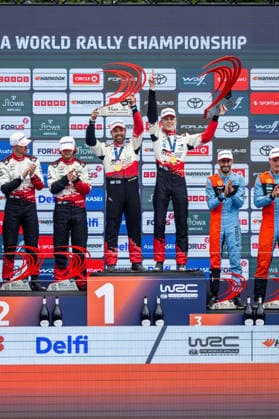 AUTO - WRC, Motorsport Rallye, WM - RALLY ESTONIA 2026 PAJARI Sami, SALMINEN Marko, TOYOTA GR Yaris Rally1, portrait, FOURMAUX Adrien, CORIA Alexandre, HYUNDAI i20 N Rally1, portrait, SOLBERG Oliver, EDMONDSON Elliott, TOYOTA GR Yaris Rally1, portrait, podium, portrait during the 2026 Rally Estonia, 8th round of the 2026 WRC WORLD RALLY CAR CHAMPIONSHIP, from July 16 to 29, 2026 at Tartu, Estonia - TartuEstonia  Copyright: xNikosxKatikisx