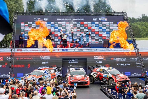 AUTO - WRC, Motorsport Rallye, WM - RALLY ESTONIA 2026 PAJARI Sami, SALMINEN Marko, TOYOTA GR Yaris Rally1, portrait, FOURMAUX Adrien, CORIA Alexandre, HYUNDAI i20 N Rally1, portrait, SOLBERG Oliver, EDMONDSON Elliott, TOYOTA GR Yaris Rally1, portrait, podium, portrait during the 2026 Rally Estonia, 8th round of the 2026 WRC WORLD RALLY CAR CHAMPIONSHIP, from July 16 to 29, 2026 at Tartu, Estonia - TartuEstonia  Copyright: xNikosxKatikisx