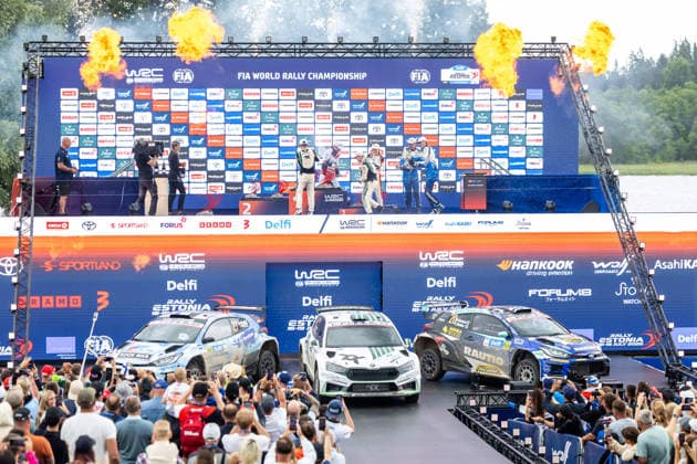 AUTO - WRC, Motorsport Rallye, WM - RALLY ESTONIA 2026 VIRVES Robert, VIILO Jakko, SKODA Fabia RS, portrait, SUNINEN Teemu, HUSSI Janni, TOYOTA GR Yaris, portrait, KORHONEN Roope, VIINIKKA Anssi, TOYOTA GR Yaris, portrait, podium, portrait during the 2026 Rally Estonia, 8th round of the 2026 WRC WORLD RALLY CAR CHAMPIONSHIP, from July 16 to 29, 2026 at Tartu, Estonia - TartuEstonia  Copyright: xNikosxKatikisx