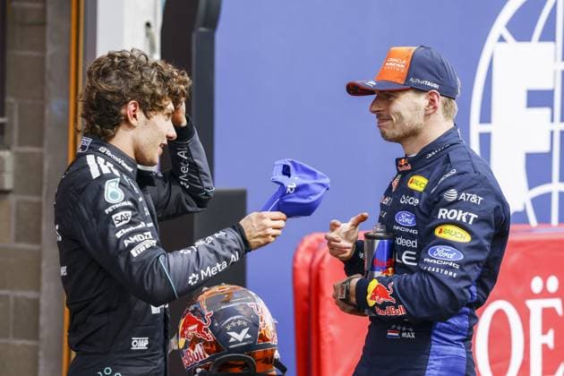 SPA - Andrea Kimi Antonelli (Mercedes-AMG PETRONAS Formula One Team) and Max Verstappen (Oracle Red Bull Racing) after the Belgian Grand Prix race at the Spa-Francorchamps circuit. SEM VAN DER WAL ANP xVIxANPxSportx xxANPxIVx 563842864 originalFilename: 563842864.jpg