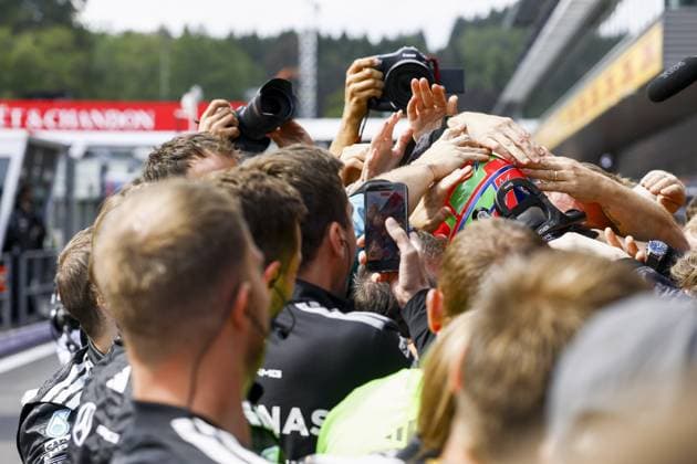 SPA - Andrea Kimi Antonelli (Mercedes-AMG PETRONAS Formula One Team) celebrates victory in the Belgian Grand Prix race at the Spa-Francorchamps circuit. SEM VAN DER WAL ANP xVIxANPxSportx xxANPxIVx 563843246 originalFilename: 563843246.jpg