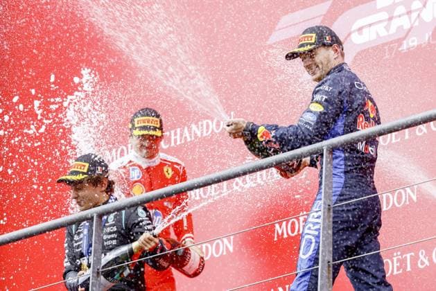 SPA - Charles Leclerc (Scuderia Ferrari HP), Andrea Kimi Antonelli (Mercedes-AMG PETRONAS Formula One Team) and Max Verstappen (Oracle Red Bull Racing) on the podium after the Belgian Grand Prix race at the Spa-Francorchamps circuit. SEM VAN DER WAL ANP xVIxANPxSportx xxANPxIVx 563843528 originalFilename: 563843528.jpg