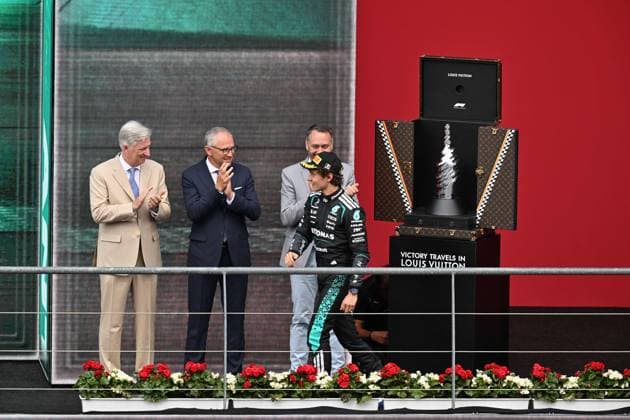 King Philippe - Filip of Belgium, Chairman and CEO Formula One Group FOG Stefano Domenicali, Federal Minister Maxime Prevot and Mercedes Italian rider Kimi Antonelli pictured on the podium after the Grand Prix F1 of Belgium race, in Spa-Francorchamps, Sunday 19 July 2026. The Spa-Francorchamps Formula One Grand Prix takes place this weekend, from July 17th to July 19th. JONASxROOSENS  x181478964x