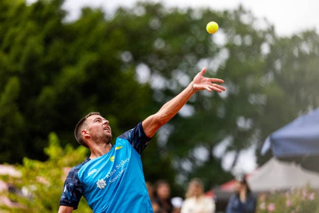 19.07.2026, GER, Tennis, Maenner, Saison 26, 2. Bundesliga Sued, TC Ruhla 92 e.V. - TC RW MRH Trowe Sprendlingen Michael Hopp gewinnt gegen Marte Volkusz 99092 Erfurt Trainingsplatz Turnierplatz Anlage des TC Erfurt 93 e.V. Thueringen Deutschland *** July 19, 2026, GER, Tennis, Men, Season 26, 2nd Bundesliga South, TC Ruhla 92 e.V. vs. TC RW MRH Trowe Sprendlingen, Michael Hopp defeats Marte Volkusz 99092 Erfurt, practice court, tournament court, TC Erfurt 93 e.V. facility, Thuringia, Germany