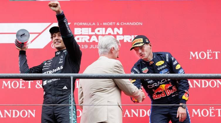 Mercedes Italian rider Kimi Antonelli, King Philippe - Filip of Belgium and Red Bull Racing Dutch rider Max Verstappen pictured on the podium after the start of the Grand Prix F1 of Belgium race, in Spa-Francorchamps, Sunday 19 July 2026. The Spa-Francorchamps Formula One Grand Prix takes place this weekend, from July 17th to July 19th. BENOITxDOPPAGNE  x181479729x