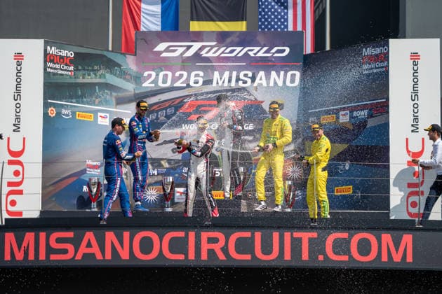 IPA86811068 - The overall podium featuring Kelvin VAN DER LINDE and Charles WEERTS of Team WRT, Dani JUNCADELLA and Chris LULHAM of Mercedes-AMG Team Verstappen Racing, and Lucas AUER and Maro ENGEL of Team Winward Racing during Round 5 at Misano, GT World Challenge race in Misano, Italy, on July 19, 2026  Copyright: xLucaxRossini IPAxSportx xx 86811068