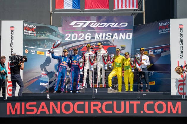IPA86811085 - The overall podium featuring Kelvin VAN DER LINDE and Charles WEERTS of Team WRT, Dani JUNCADELLA and Chris LULHAM of Mercedes-AMG Team Verstappen Racing, and Lucas AUER and Maro ENGEL of Team Winward Racing during Round 5 at Misano, GT World Challenge race in Misano, Italy, on July 19, 2026  Copyright: xLucaxRossini IPAxSportx xx 86811085