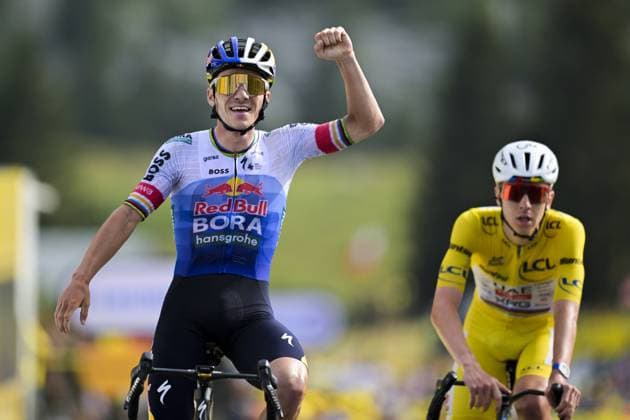 Sport Themen der Woche KW29 Sport Bilder des Tages Belgian Remco Evenepoel of Red Bull-BORA-hansgrohe celebrates after winning stage 15 of the 2026 Tour de France cycling race, a stage of 184km from Champagnole to Plateau de Solaison, on Sunday 19 July 2026. The 113th edition of the Tour de France starts on Saturday 4 July in Barcelona, Spain, and will finish in Paris, France on the 26th of July. DAVIDxPINTENS  x181482999x
