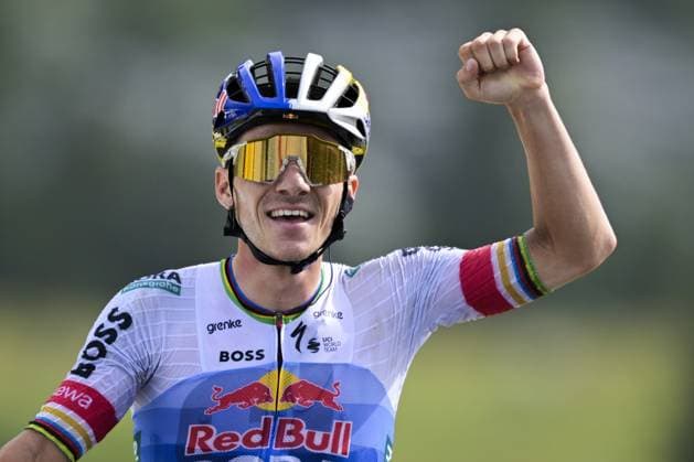 Belgian Remco Evenepoel of Red Bull-BORA-hansgrohe celebrates after winning stage 15 of the 2026 Tour de France cycling race, a stage of 184km from Champagnole to Plateau de Solaison, on Sunday 19 July 2026. The 113th edition of the Tour de France starts on Saturday 4 July in Barcelona, Spain, and will finish in Paris, France on the 26th of July. DAVIDxPINTENS  x181483037x