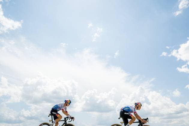 German Florian Lipowitz of Red Bull-BORA-hansgrohe and Belgian Remco Evenepoel of Red Bull-BORA-hansgrohe pictured in action during the stage 14 of the 2026 Tour de France cycling race, a stage of 155km from Mulhouse to Le Markstein Fellering, on Saturday 18 July 2026. The 113th edition of the Tour de France starts on Saturday 4 July in Barcelona, Spain, and will finish in Paris, France on the 26th of July. JASPERxJACOBS  x181486847x