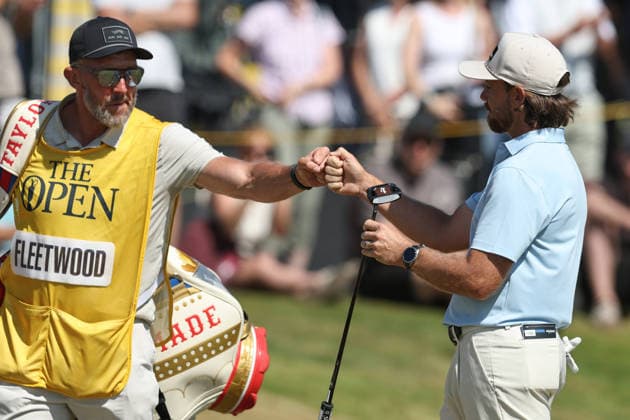 RECORD DATE NOT STATED 19th July 2026; Royal Birkdale Golf Club, Southport, Merseyside, England; The Open Championship Final Day; Tommy Fleetwood (ENG) fist bumps his caddie Ian Finnis after his birdie on the 8th hole DavidxBlunsden