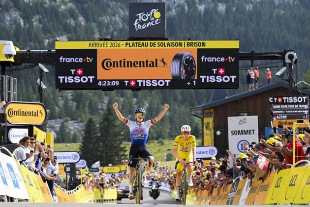 Belgian Remco Evenepoel of Red Bull-BORA-hansgrohe celebrates as he wins ahead of Slovenian Tadej Pogacar of UAE Team Emirates XRG stage 15 of the 2026 Tour de France cycling race, a stage of 184km from Champagnole to Plateau de Solaison, on Sunday 19 July 2026. The 113th edition of the Tour de France starts on Saturday 4 July in Barcelona, Spain, and will finish in Paris, France on the 26th of July. DAVIDxPINTENS  x181487739x