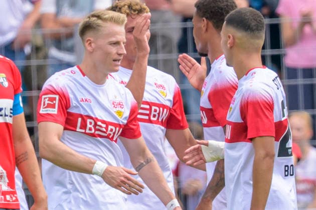 im Bild v.l.: Tor, Treffer, Jubel, Torjubel, Freude, Begeisterung, feiert, nach 0:3 durch Chris Fuehrich ( 10, VFB Stuttgart), GER, Balingen Fussball, Testspiel, TSG Balingen vs VfB Stuttgart in der Bizerba Arena Balingen, 19.07.2026, DFB DFL REGULATIONS PROHIBIT ANY USE OF PHOTOGRAPHS AS IMAGE SEQUENCES AND OR QUASI-VIDEO, *** In the photo, from left: goal, score, celebration, goal celebration, joy, excitement, celebrating, after the 0-3 goal by Chris Fuehrich 10, VFB Stuttgart, GER, Balingen Soccer, Friendly Match, TSG Balingen vs. VfB Stuttgart at the Bizerba Arena in Balingen, July 19, 2026, DFB and DFL regulations prohibit any use of photographs as image sequences and or quasi-video, Copyright: HMBxMedia UwexKoch