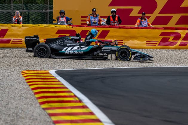 STAVELOT, BELGIUM: George Russell, racing for the Mercedes team during the 2026 Formula 1 Belgian Grand Prix at the Circuit de Spa-Francorchamps in Stavelot, Belgium