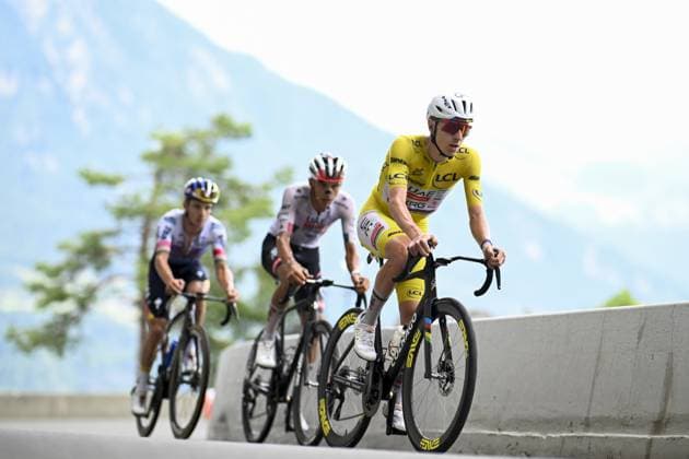 Slovenian Tadej Pogacar of UAE Team Emirates XRG followed by Mexican Isaac Del Toro of UAE Team Emirates XRG and Belgian Remco Evenepoel of Red Bull-BORA-hansgrohe pictured during stage 15 of the 2026 Tour de France cycling race, a stage of 184km from Champagnole to Plateau de Solaison, on Sunday 19 July 2026. The 113th edition of the Tour de France starts on Saturday 4 July in Barcelona, Spain, and will finish in Paris, France on the 26th of July. JASPERxJACOBS  x181488076x
