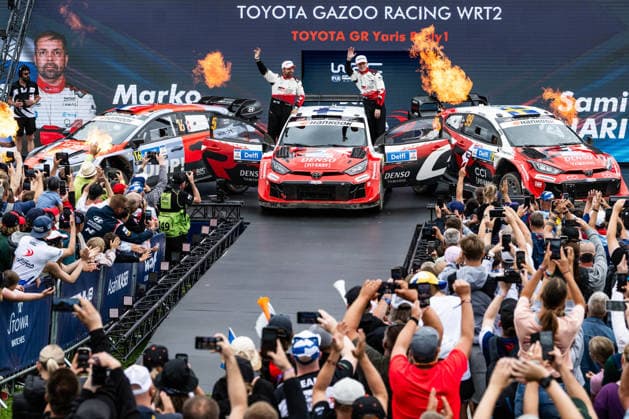 IPA86815165 - Driver Sami Pajari and Co-Driver Marko Salminen of the Toyota Gazoo Racing WRT team, driving a Toyota GR Yaris Rally1, celebrate their final podium finish at the FIA World Rally Championship WRC, Motorsport Rallye, WM Delfi Rally Estonia 2026 on July 19 in Tartu, Estonia  Copyright: xLucaxBarsali IPAxSportx xx 86815165