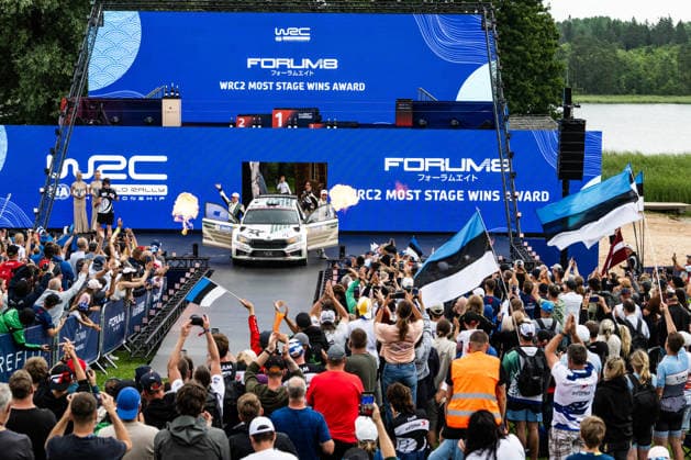 IPA86815167 - Driver Robert Virves and Co-Driver Viilo Jakko of Team Toksport WRT 2, driving a äkoda Fabia RS Rally2 WRC2, celebrate their final podium finish during the FIA World Rally Championship WRC, Motorsport Rallye, WM Delfi Rally Estonia 2026 on July 19 in Tartu, Estonia  Copyright: xLucaxBarsali IPAxSportx xx 86815167