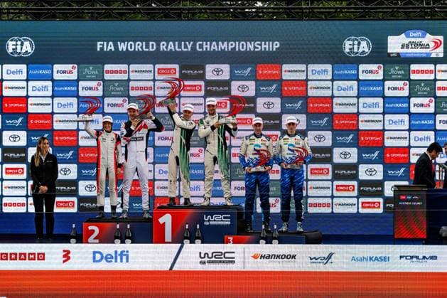 IPA86815158 - Driver Teemu Suninen and Co-Driver Janni Huss, Driver Robert Virves and Co-Driver Jakko Viilo, and Driver Roope Korhonen and Co-Driver Anssi Viinikka celebrate their final podium finish during the FIA World Rally Championship WRC, Motorsport Rallye, WM Delfi Rally Estonia 2026 on July 19,Tartu, Estonia  Copyright: xLucaxBarsali IPAxSportx xx 86815158