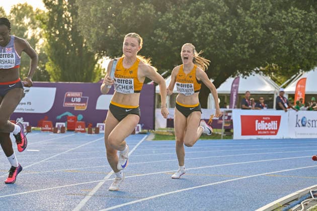 Lisa FISCHER (Germany, TSG Niefern, Medley Staffel); Sonja SCHULTE-MAETER (Germany, Eintracht Frankfurt e.V., Medley Staffel) ITA, European Atheltics U18 Championships, Athletics, 19.07.2026, ITA, European Atheltics U18 Championships, Athletics, 19.07.2026, *** Lisa FISCHER, Germany, TSG Niefern, Medley Relay; Sonja SCHULTE MAETER, Germany, Eintracht Frankfurt e.V., Medley Relay; ITA, European Athletics U18 Championships, Athletics, July 19, 2026, ITA, European Athletics U18 Championships, Athletics, July 19, 2026, Copyright: xEibnerxPressefoto JanxPapenfussx EP_JPS