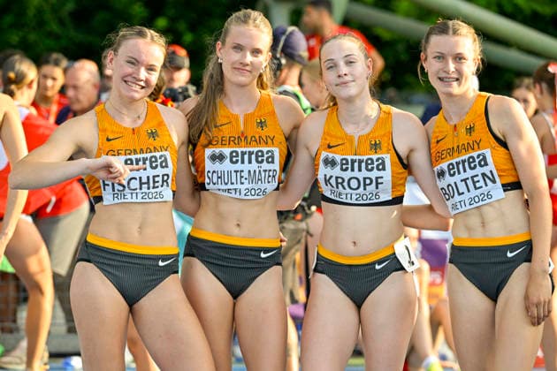 Sanja KROPF (Germany, TSV Burghaslach, Medlay Staffel); Amke BOLTEN (Germany, MTV Aurich von 1862 e.V., 400m); Lisa FISCHER (Germany, TSG Niefern, Medley Staffel); Sonja SCHULTE-MAETER (Germany, Eintracht Frankfurt e.V., Medley Staffel) ITA, European Atheltics U18 Championships, Athletics, 19.07.2026, ITA, European Atheltics U18 Championships, Athletics, 19.07.2026, *** Sanja KROPF, Germany, TSV Burghaslach, Medley Relay; Amke BOLTEN, Germany, MTV Aurich von 1862 e.V., 400m; Lisa FISCHER, Germany, TSG Niefern, Medley Relay; Sonja SCHULTE MAETER, Germany, Eintracht Frankfurt e.V., medley relay ITA, European Athletics U18 Championships, Athletics, July 19, 2026, ITA, European Athletics U18 Championships, Athletics, July 19, 2026, Copyright: xEibnerxPressefoto JanxPapenfussx EP_JPS