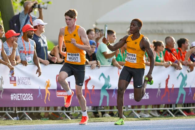 Fabian WUEST (Germany, Eintracht Duisburg, Medley Staffel); Sidwell NJIKAM (Germany, ABC Ludwigshafen, Medley Staffel) ITA, European Atheltics U18 Championships, Athletics, 19.07.2026, ITA, European Atheltics U18 Championships, Athletics, 19.07.2026, *** Fabian WUEST, Germany, Eintracht Duisburg, Medley Relay; Sidwell NJIKAM, Germany, ABC Ludwigshafen, Medley Relay; ITA, European Athletics U18 Championships, Athletics, July 19, 2026, ITA, European Athletics U18 Championships, Athletics, July 19, 2026, Copyright: xEibnerxPressefoto JanxPapenfussx EP_JPS