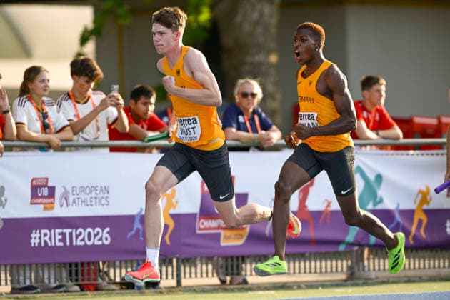 Fabian WUEST (Germany, Eintracht Duisburg, Medley Staffel); Sidwell NJIKAM (Germany, ABC Ludwigshafen, Medley Staffel) ITA, European Atheltics U18 Championships, Athletics, 19.07.2026, ITA, European Atheltics U18 Championships, Athletics, 19.07.2026, *** Fabian WUEST, Germany, Eintracht Duisburg, Medley Relay; Sidwell NJIKAM, Germany, ABC Ludwigshafen, Medley Relay; ITA, European Athletics U18 Championships, Athletics, July 19, 2026, ITA, European Athletics U18 Championships, Athletics, July 19, 2026, Copyright: xEibnerxPressefoto JanxPapenfussx EP_JPS