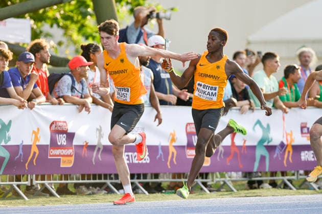 Fabian WUEST (Germany, Eintracht Duisburg, Medley Staffel); Sidwell NJIKAM (Germany, ABC Ludwigshafen, Medley Staffel) ITA, European Atheltics U18 Championships, Athletics, 19.07.2026, ITA, European Atheltics U18 Championships, Athletics, 19.07.2026, *** Fabian WUEST, Germany, Eintracht Duisburg, Medley Relay; Sidwell NJIKAM, Germany, ABC Ludwigshafen, Medley Relay; ITA, European Athletics U18 Championships, Athletics, July 19, 2026, ITA, European Athletics U18 Championships, Athletics, July 19, 2026, Copyright: xEibnerxPressefoto JanxPapenfussx EP_JPS