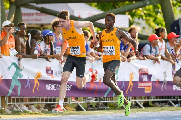 Fabian WUEST (Germany, Eintracht Duisburg, Medley Staffel); Sidwell NJIKAM (Germany, ABC Ludwigshafen, Medley Staffel) ITA, European Atheltics U18 Championships, Athletics, 19.07.2026, ITA, European Atheltics U18 Championships, Athletics, 19.07.2026, *** Fabian WUEST, Germany, Eintracht Duisburg, Medley Relay; Sidwell NJIKAM, Germany, ABC Ludwigshafen, Medley Relay; ITA, European Athletics U18 Championships, Athletics, July 19, 2026, ITA, European Athletics U18 Championships, Athletics, July 19, 2026, Copyright: xEibnerxPressefoto JanxPapenfussx EP_JPS